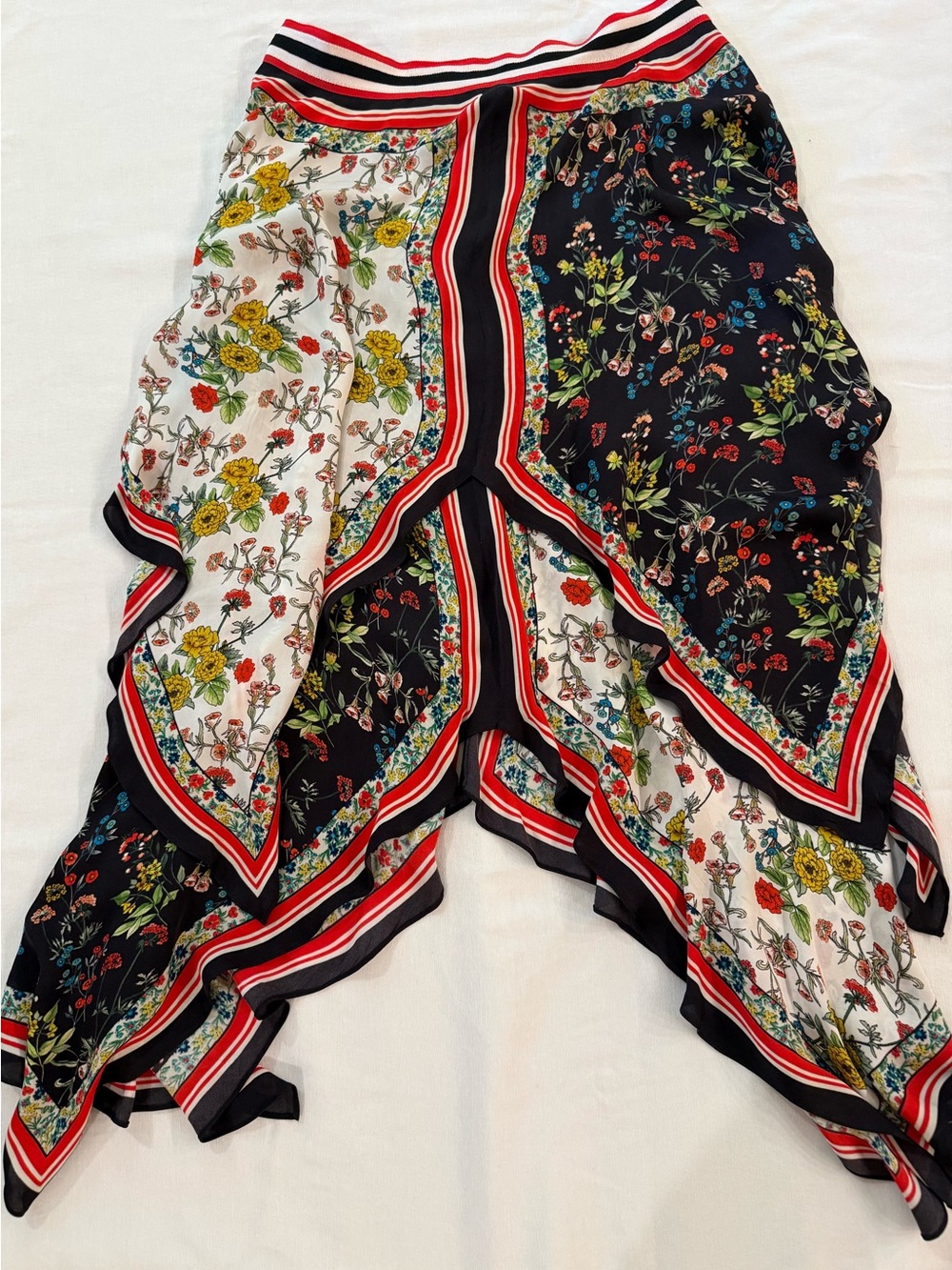 Alice + Olivia Black, White & Multicolor Floral Asymmetrical Handkerchief Skirt - Picture 2 of 3